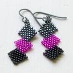 Zig Zag Grey Pink Black Beadwoven Earrings