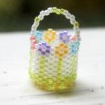 Miniature Beaded Basket Handwoven Flower Garden