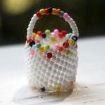 Miniature Beaded Basket White Multicolor
