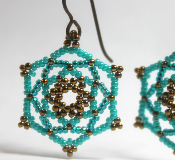 Mandala Star Beaded Earrings In Turquoise Teal Bronze