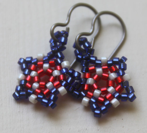 Red White & Blue Patriotic Stars Beaded Earrings