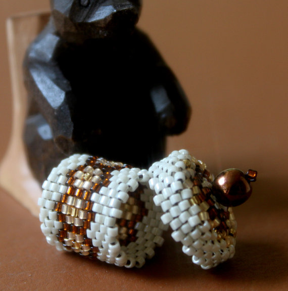 Miniature Basket Or Box With Lid Handwoven Beaded Honeycomb Brown Gold Cream