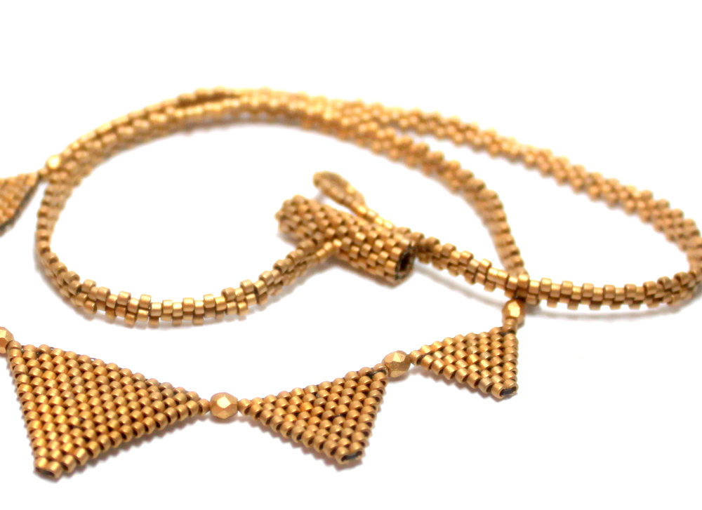 Matte Gold Beaded Egyptian Pyramid Triangles Necklace